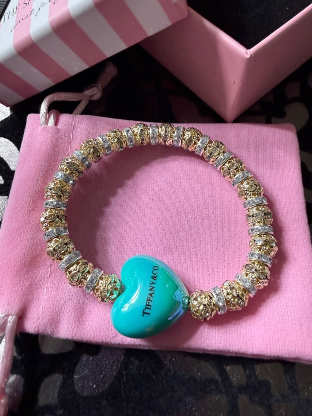 Tiffany & Co. Gold Crystal Bracelet with Turquoise Heart Charm